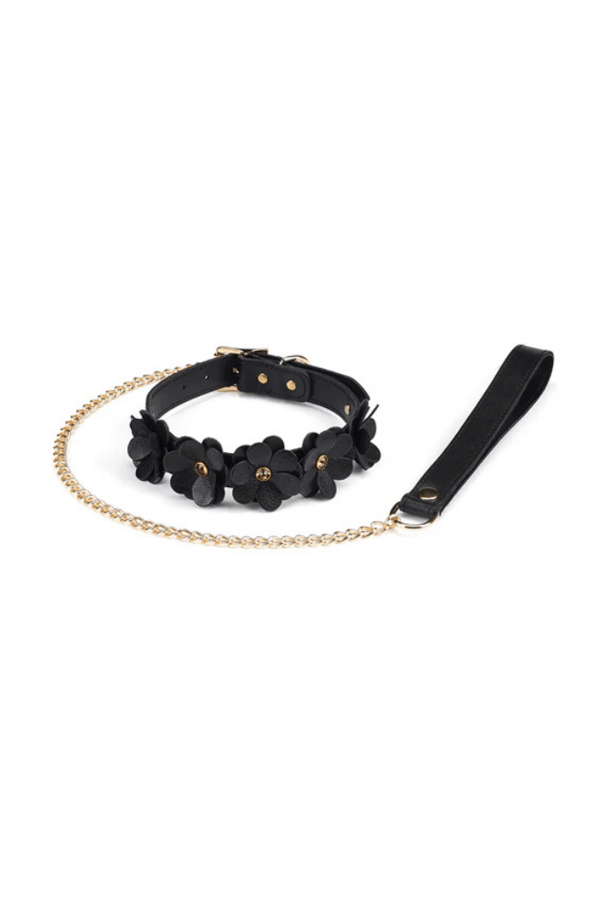 Leather Submission Collar with Leash - Flower Rhythm